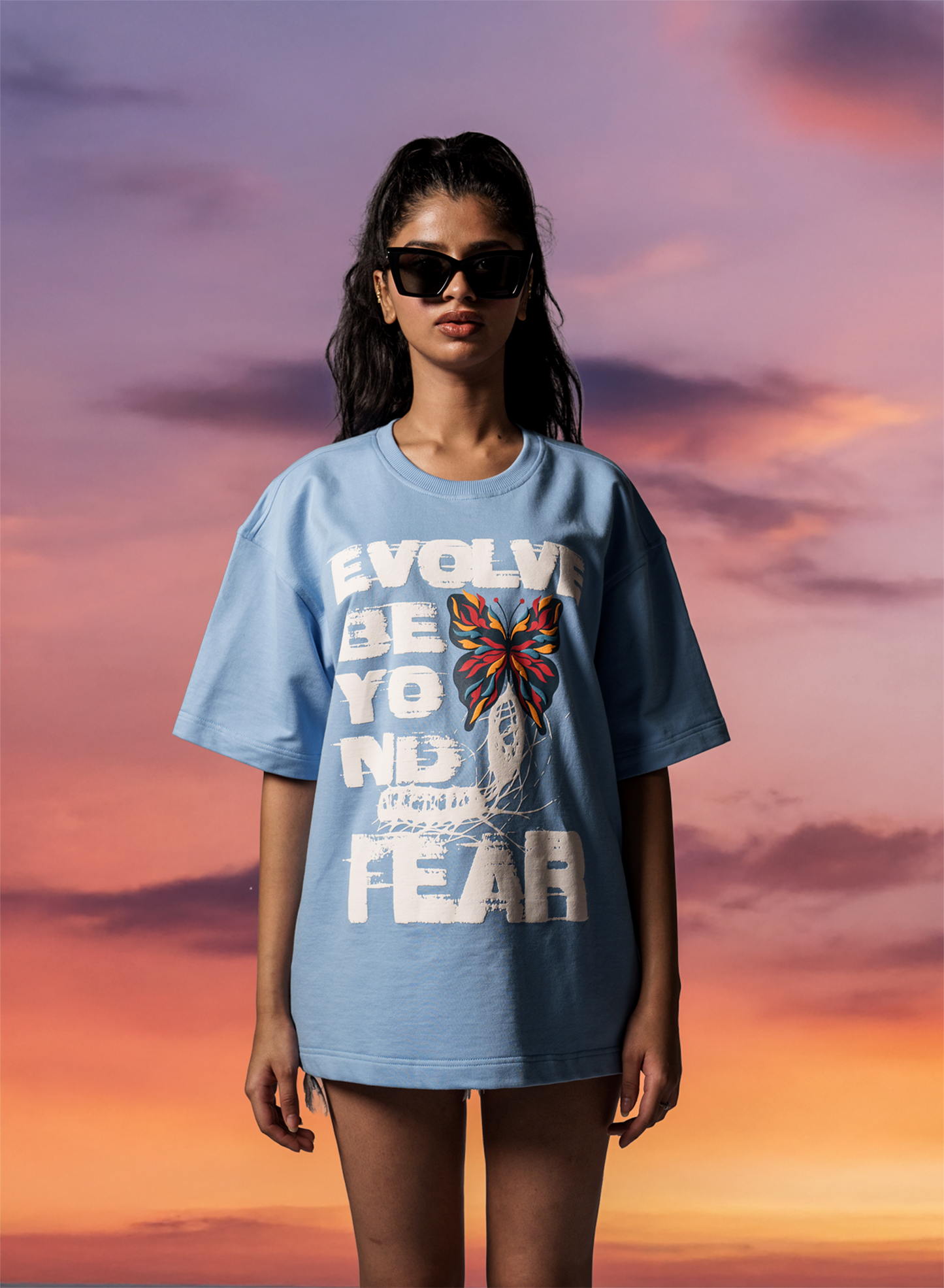 Blue oversized unisex T-shirt front view with puff-print design