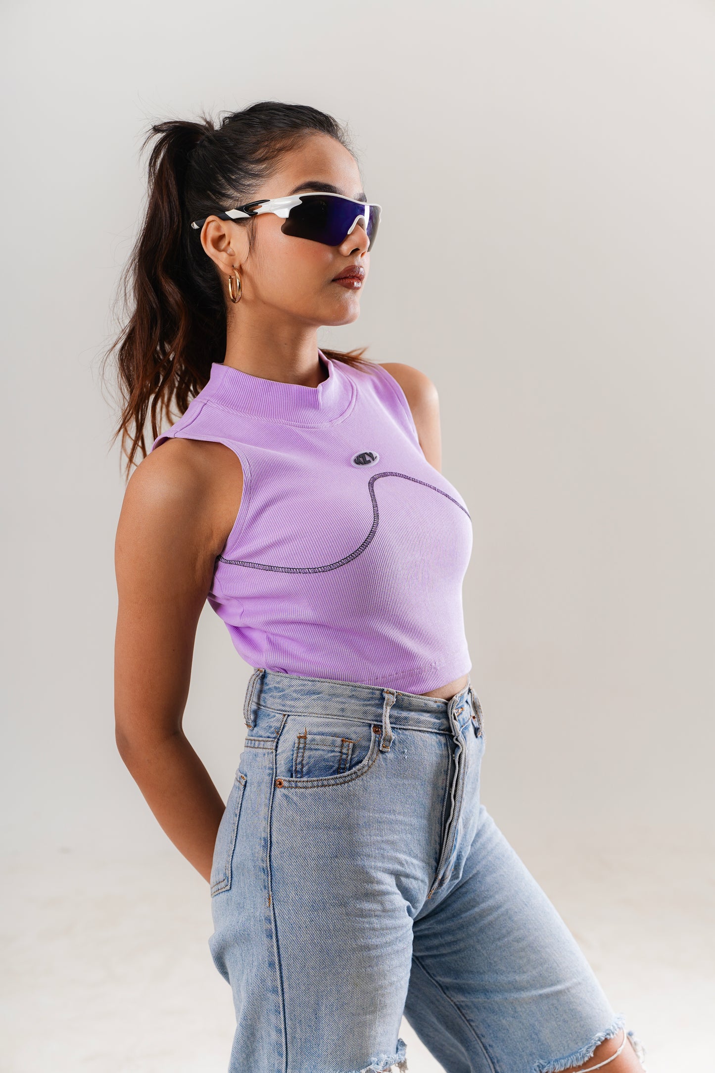 Basic Lilac Neck Fitted Crop Top