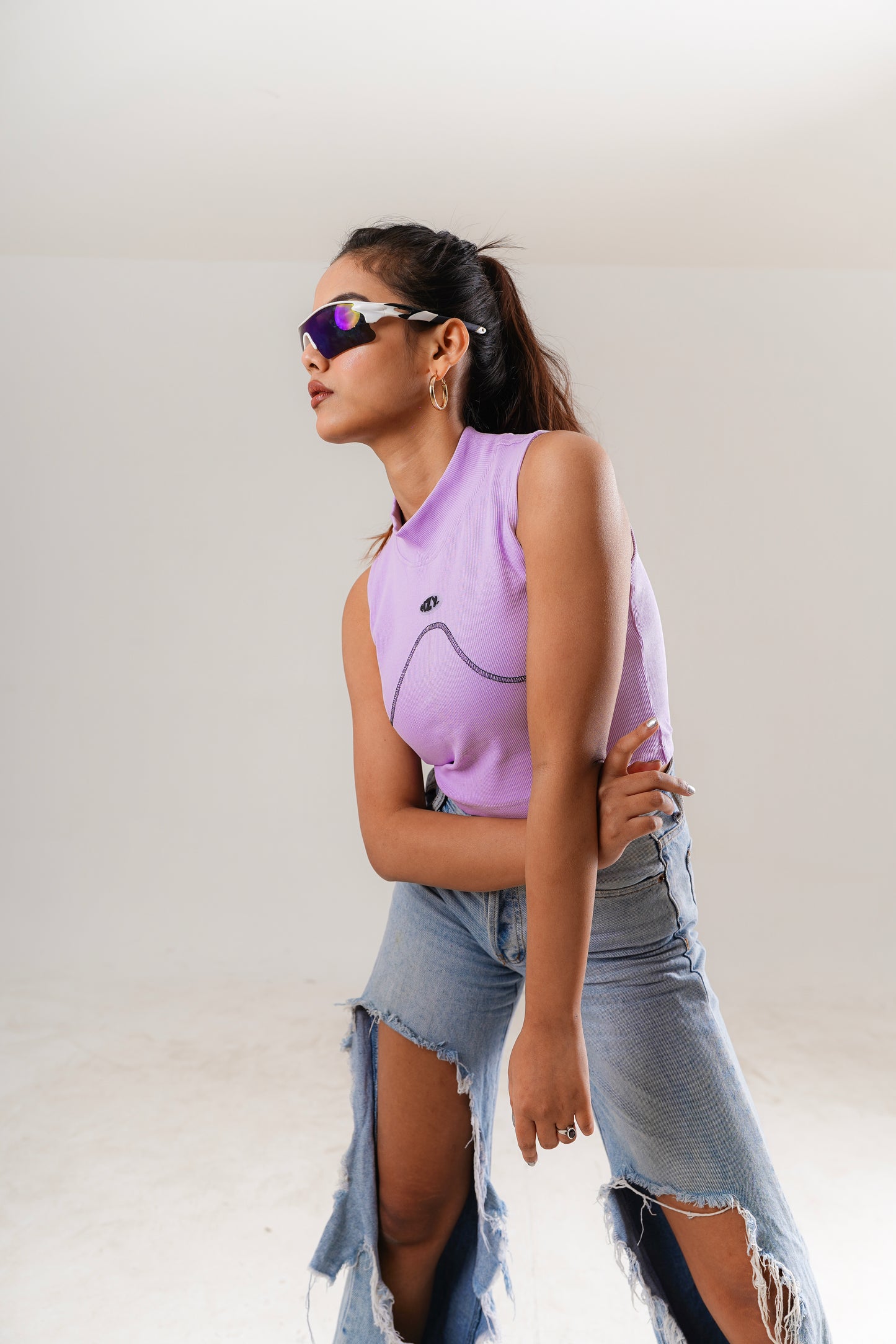 Basic Lilac Neck Fitted Crop Top
