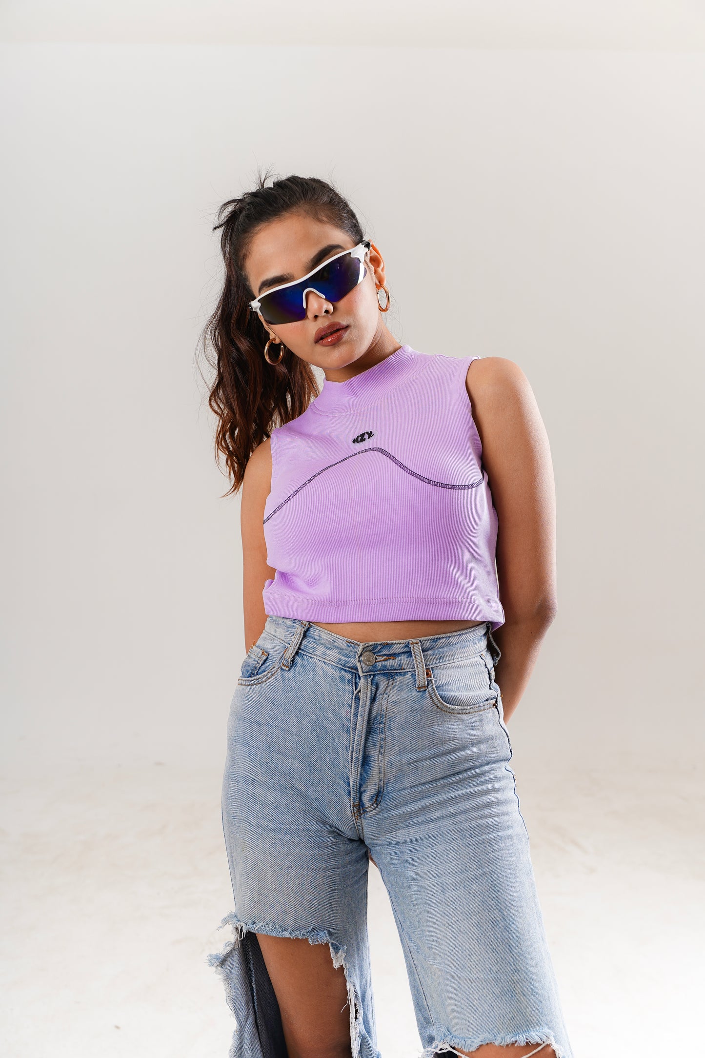 Basic Lilac Neck Fitted Crop Top