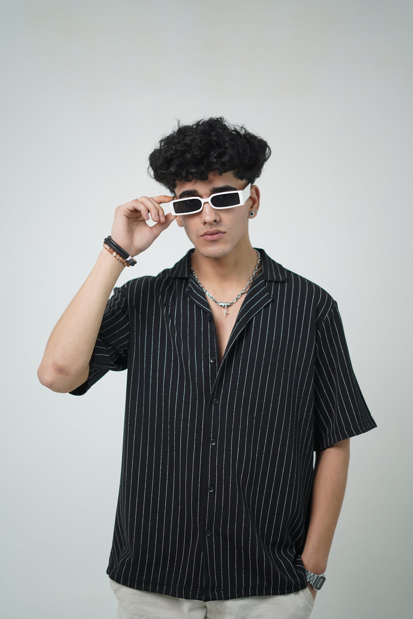 Pinstripe Shirt with Collar Embroidery