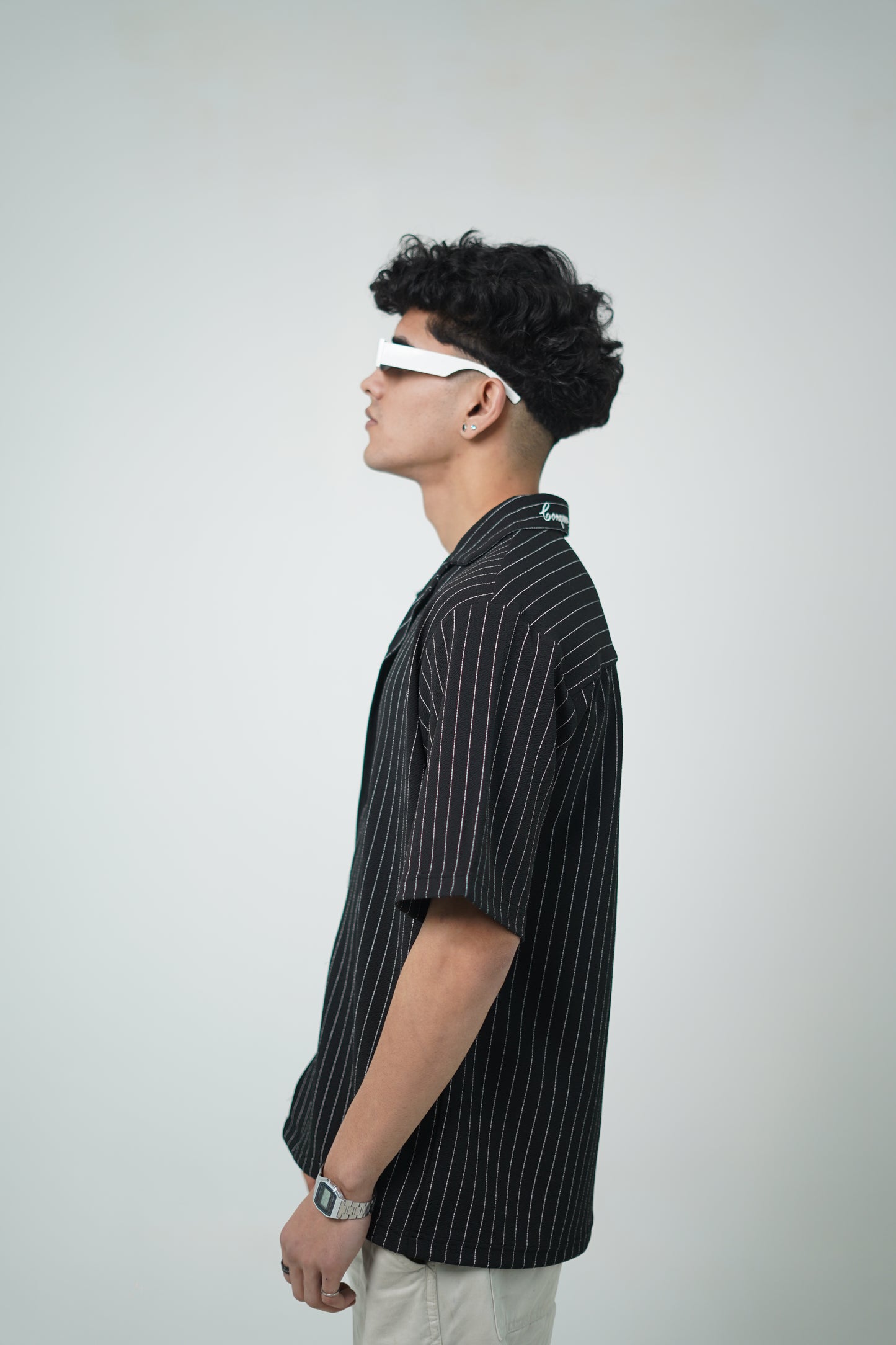 Pinstripe Shirt with Collar Embroidery