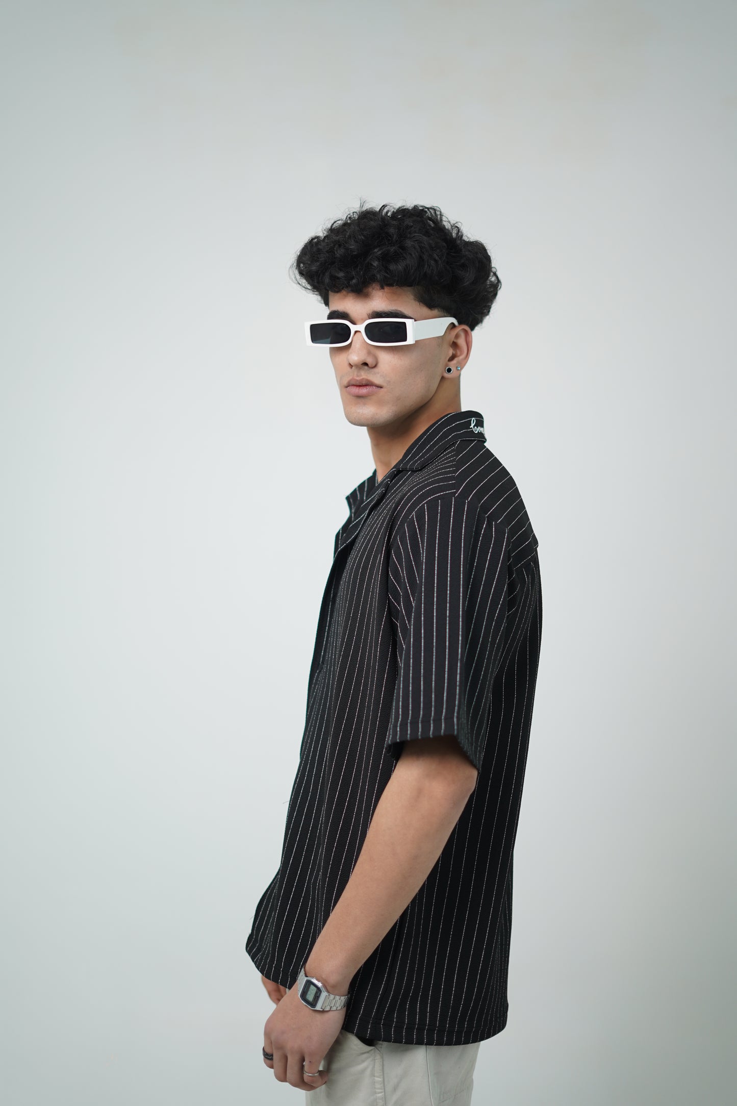 Pinstripe Shirt with Collar Embroidery