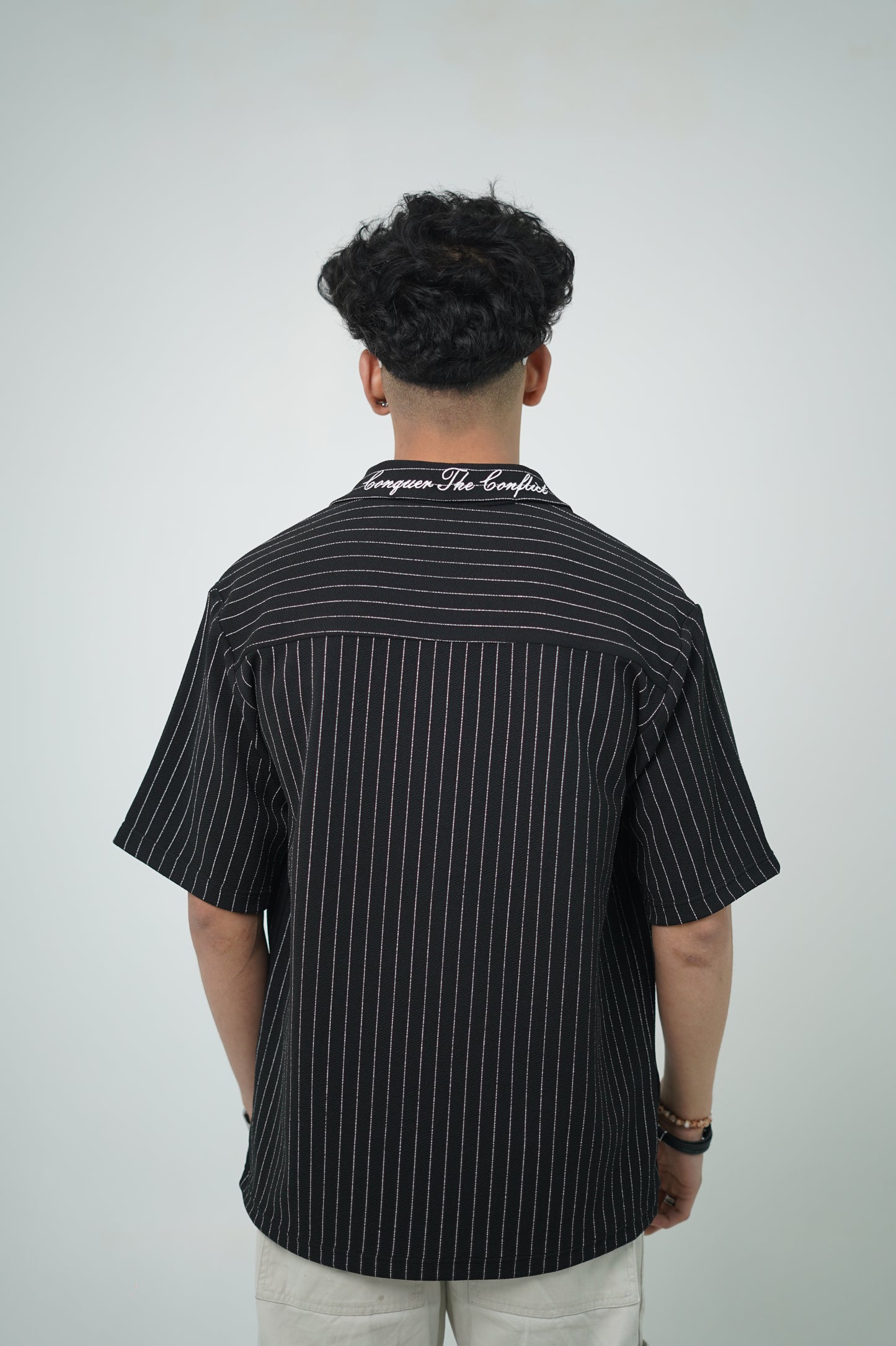 Pinstripe Shirt with Collar Embroidery