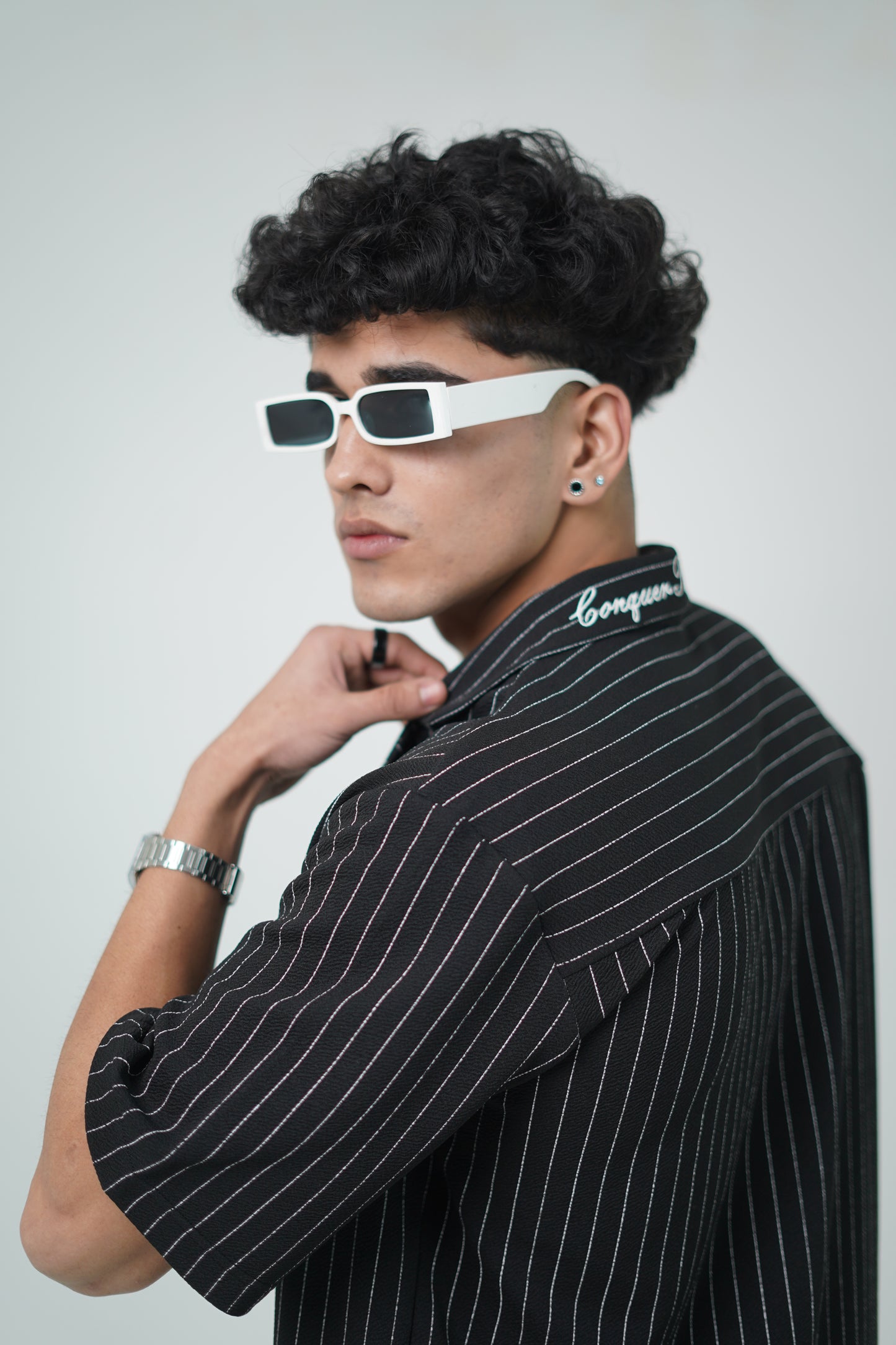 Pinstripe Shirt with Collar Embroidery