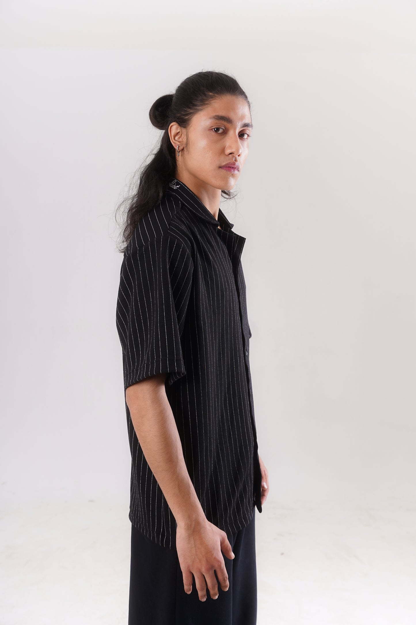 Pinstripe Shirt with Collar Embroidery