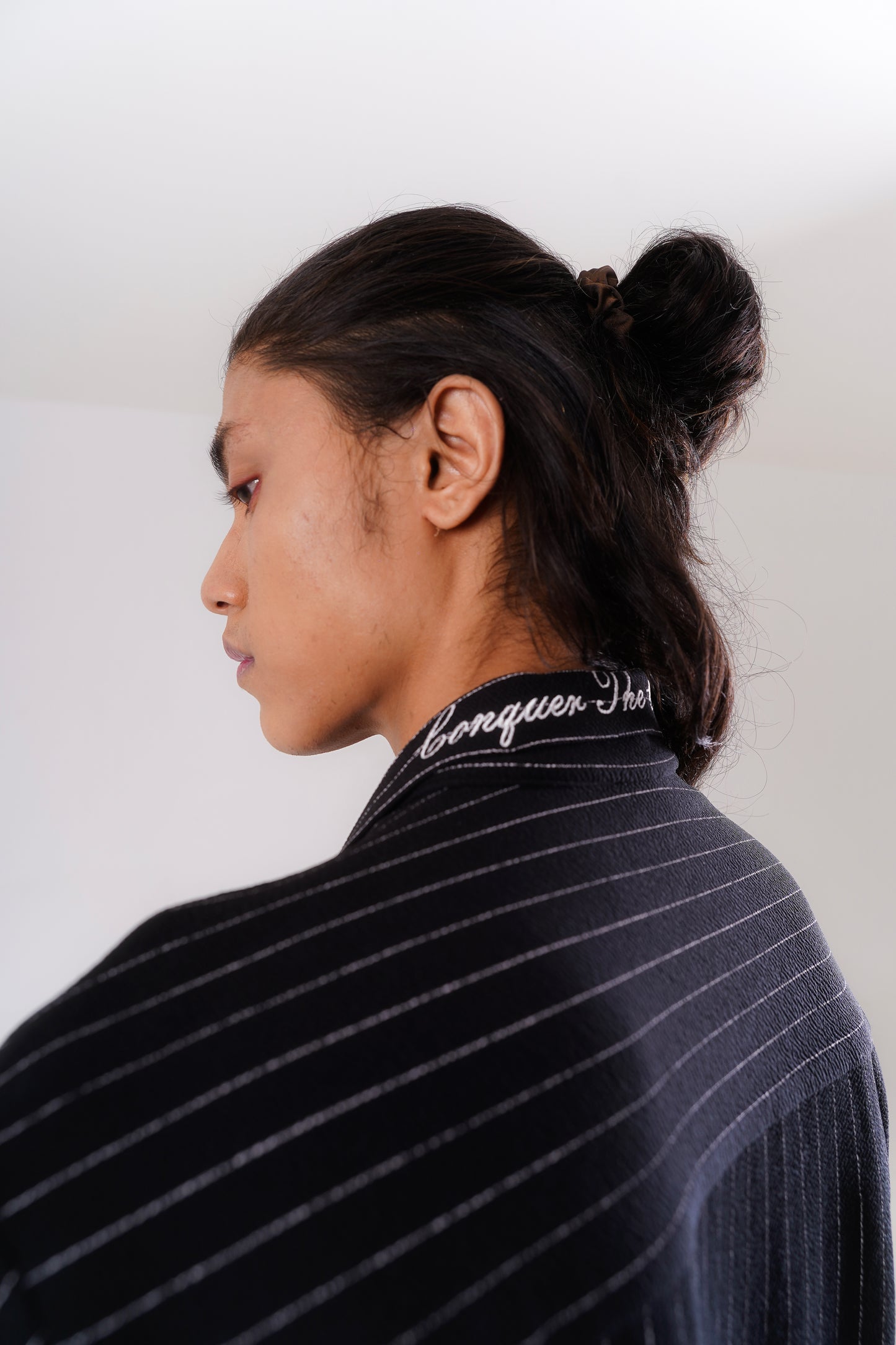 Pinstripe Shirt with Collar Embroidery