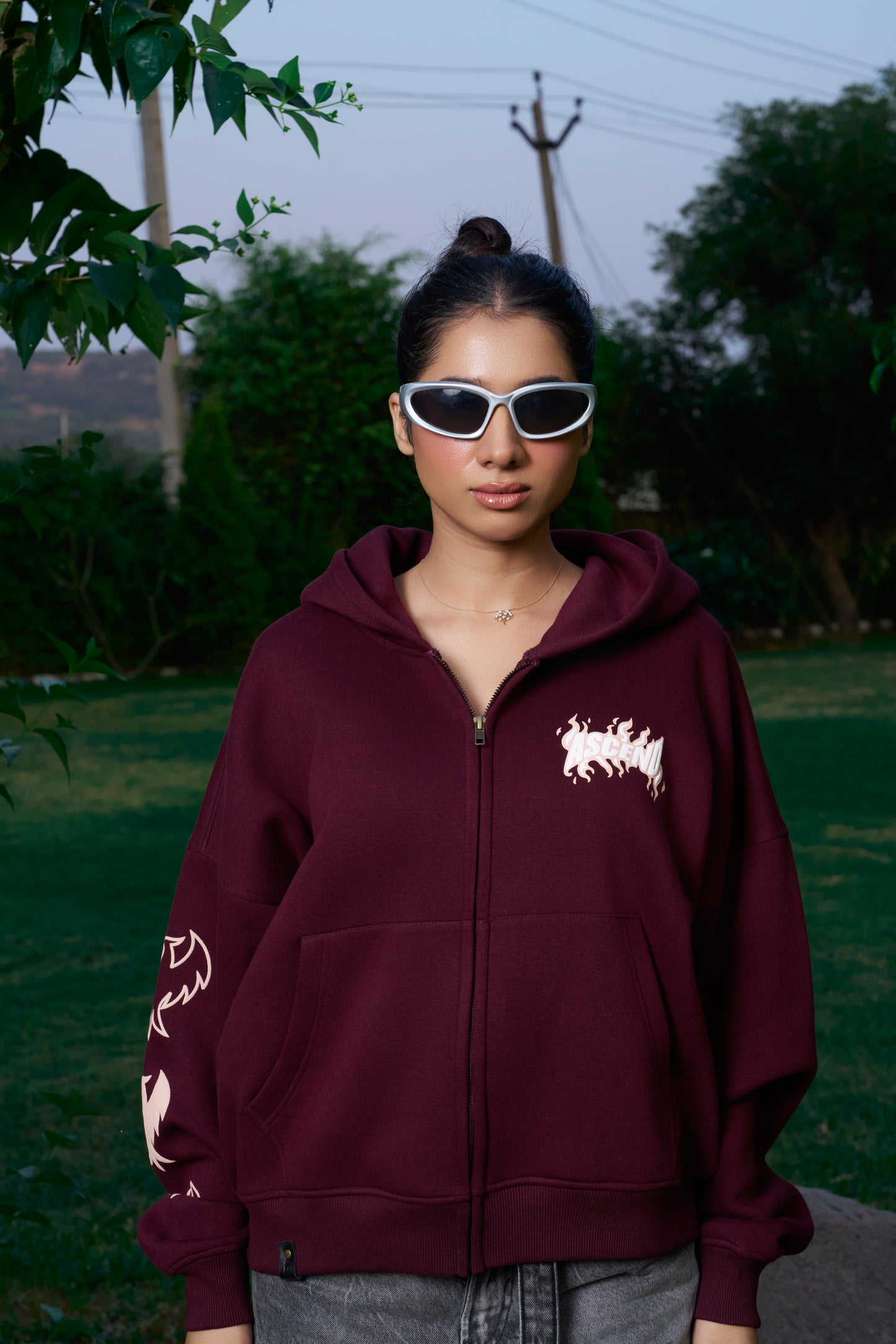 Ascend Unisex Oversized Maroon Zip-Up Hoodie