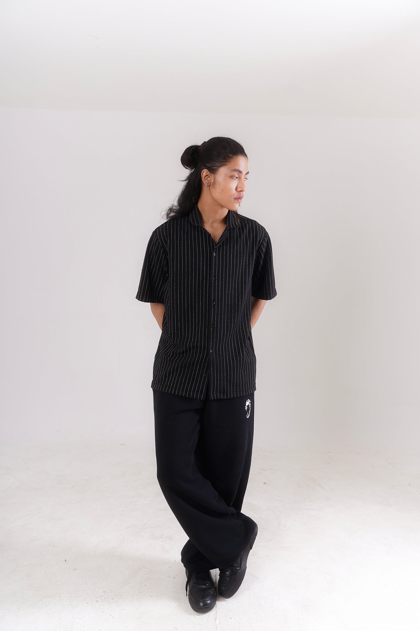Pinstripe Shirt with Collar Embroidery