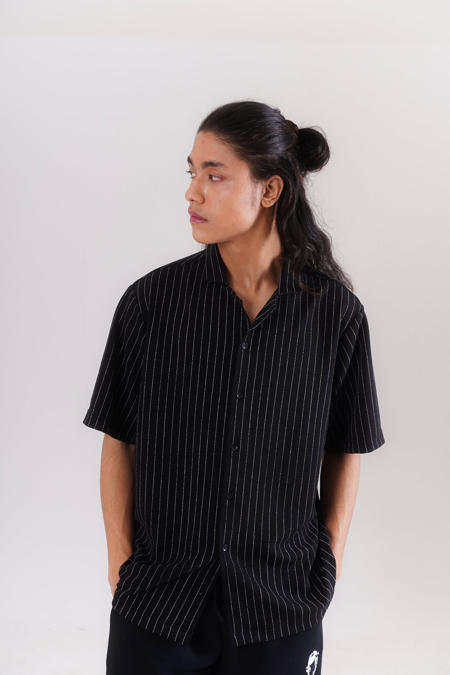 Pinstripe Shirt with Collar Embroidery