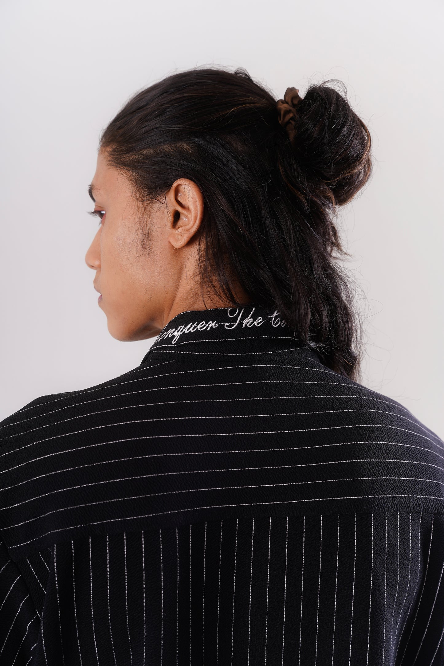Pinstripe Shirt with Collar Embroidery