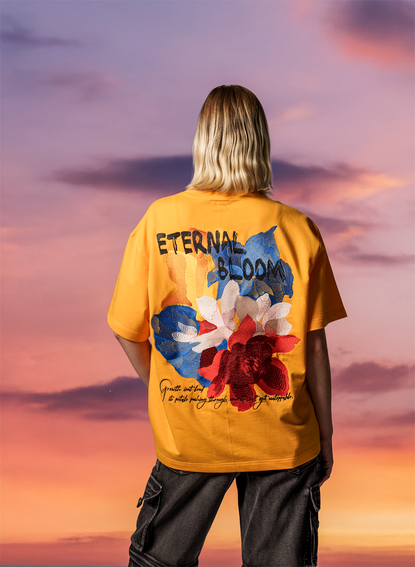 Evolve Eternal Bloom Yellow Oversized Embroidered T-Shirt