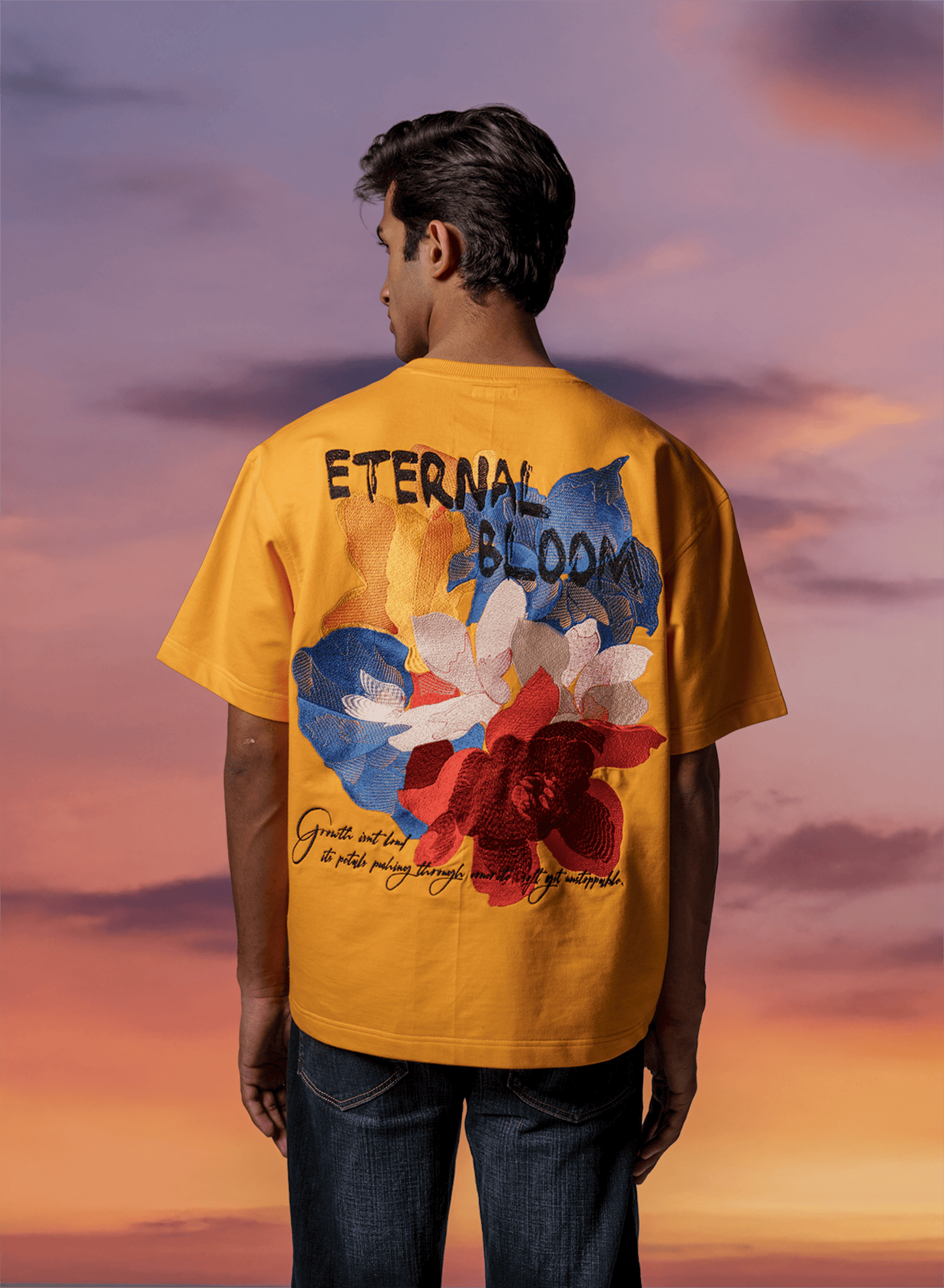 Evolve Eternal Bloom Yellow Oversized Embroidered T-Shirt