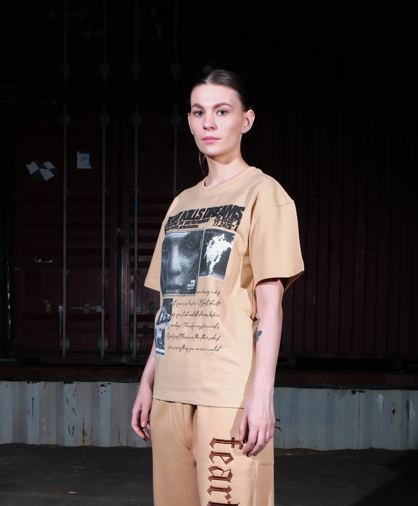 FKD Print Beige Oversized Unisex T-Shirt with Puff Print