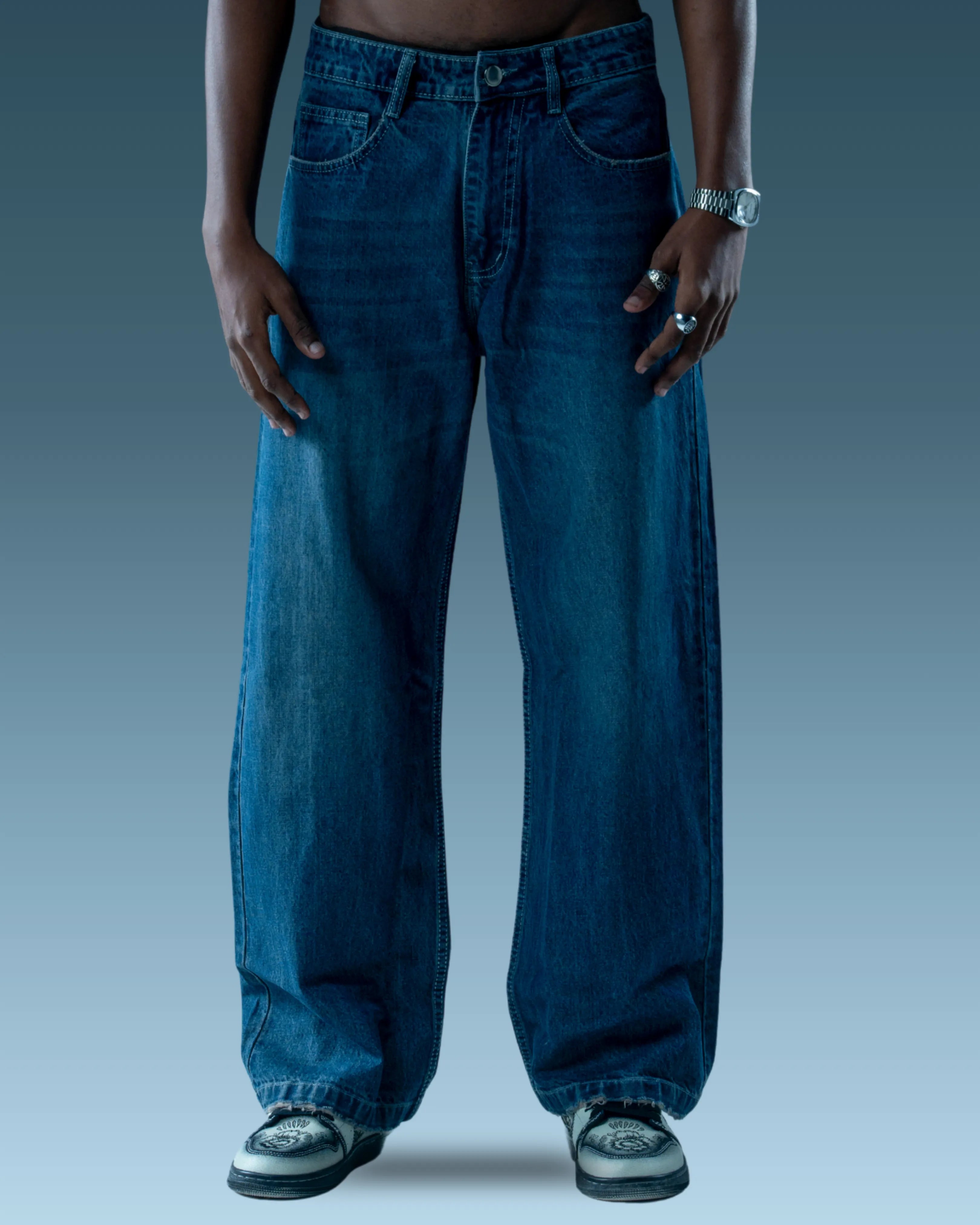 Plain blue denim cargo oversized