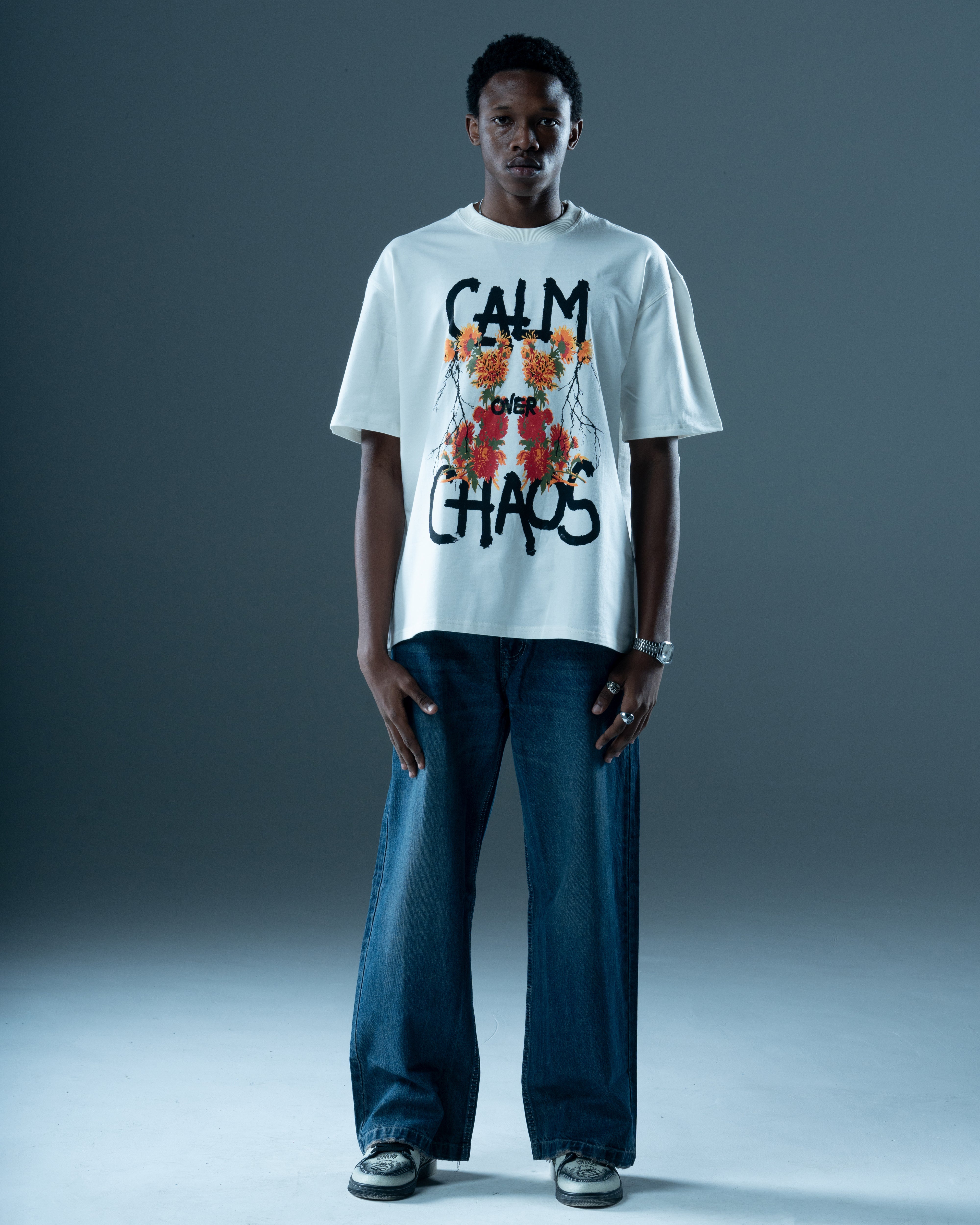 Calm Over Chaos White Oversized Unisex T Shirt | 280 GSM Cotton