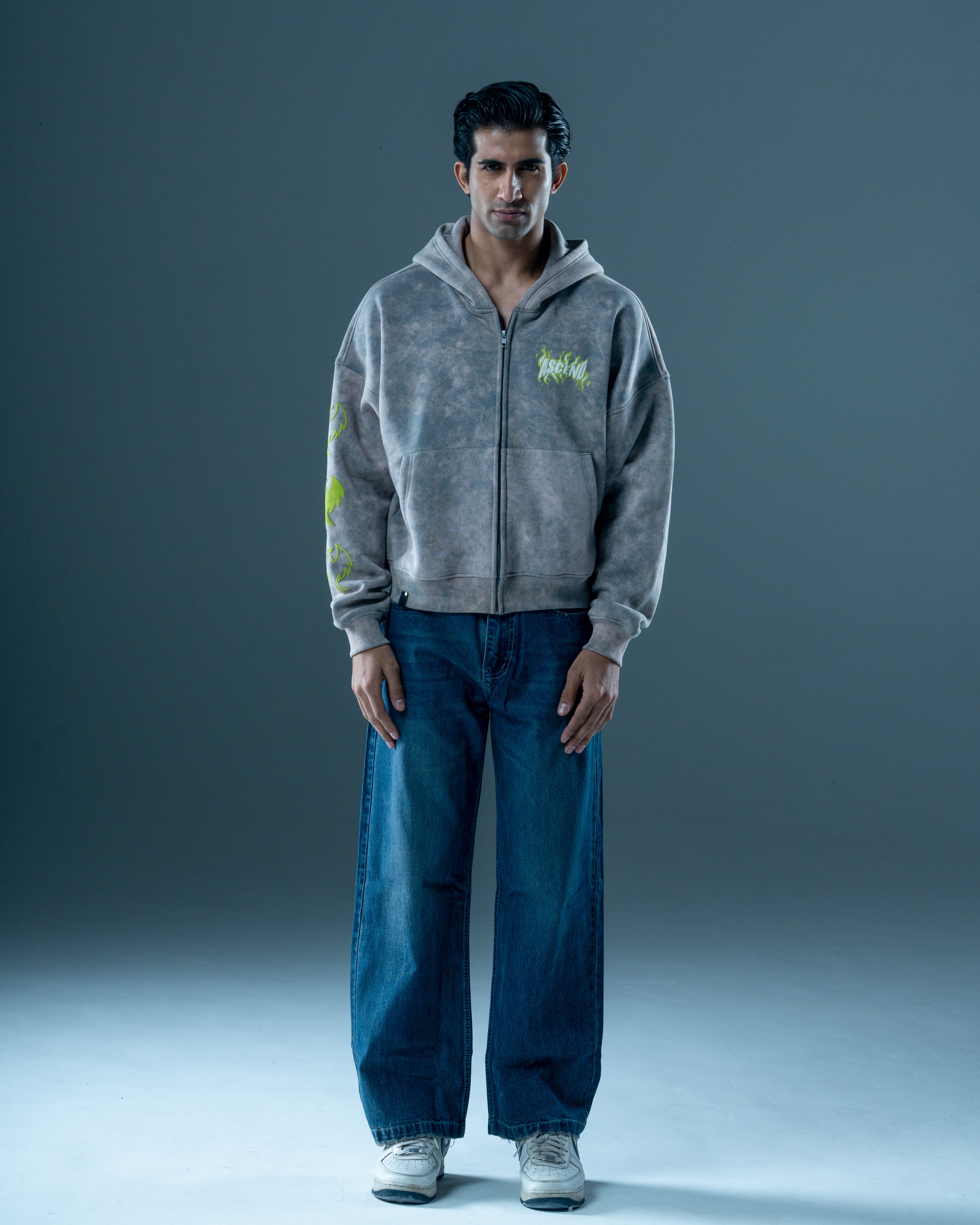 OVERSIZED WASHED GREY ZIP-UP HOODIE