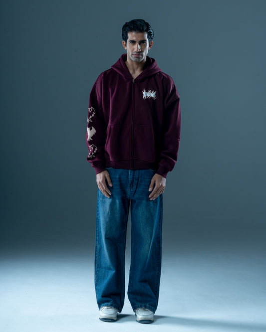 OVERSIZED MAROON ZIP-UP HOODIE