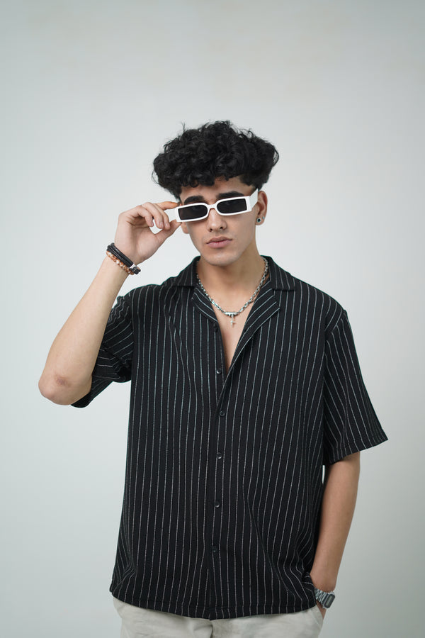 Pinstripe Shirt with Collar Embroidery