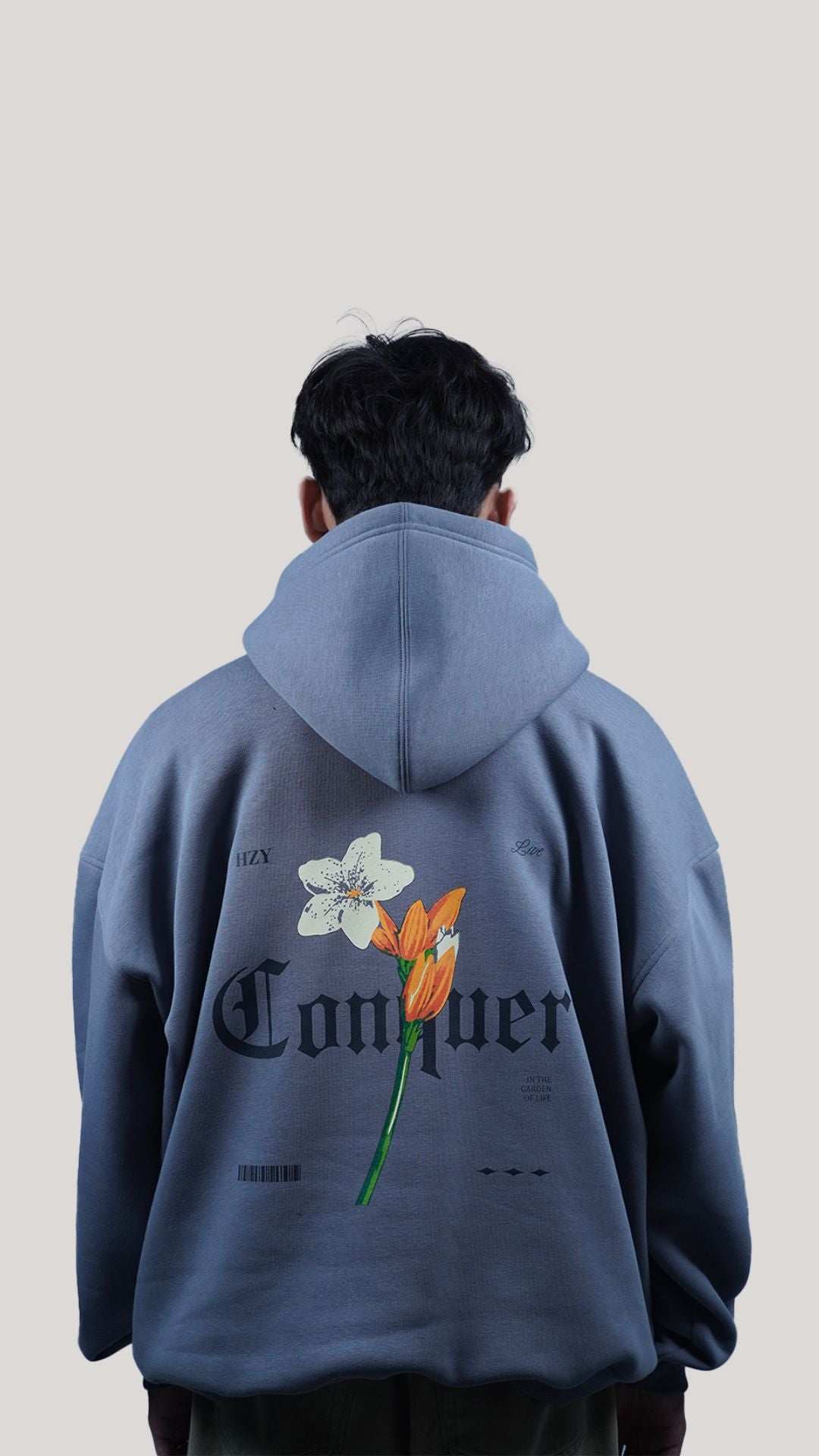 Grey Conquer hoodie with bold back print