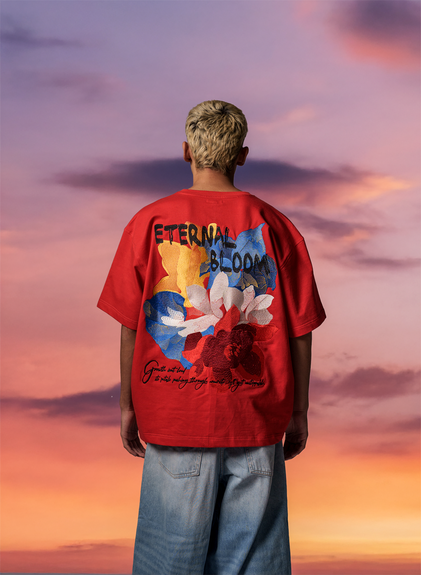 Evolve Eternal Bloom Red Oversized Embroidered T-Shirt