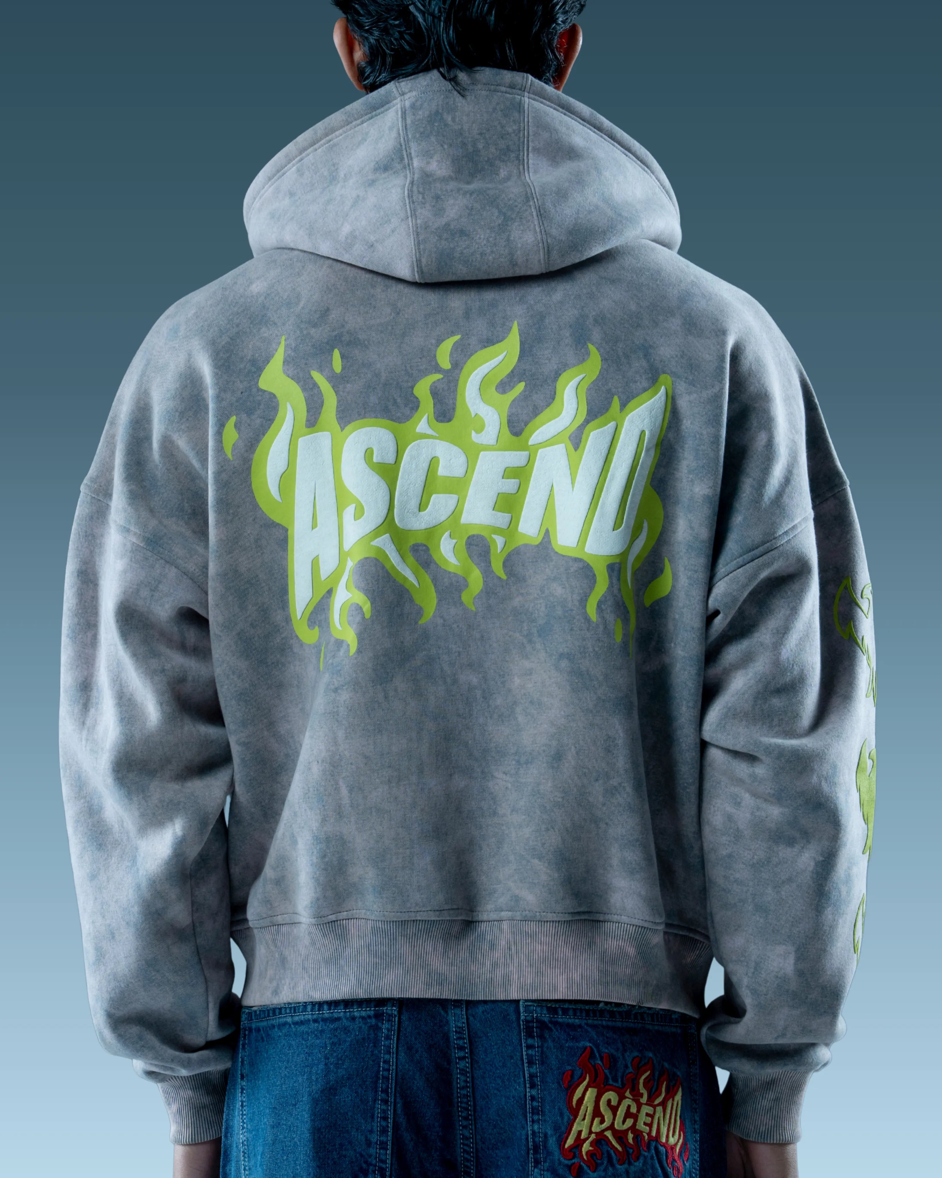 Washed Grey Zip Up Hoodie with Graphics