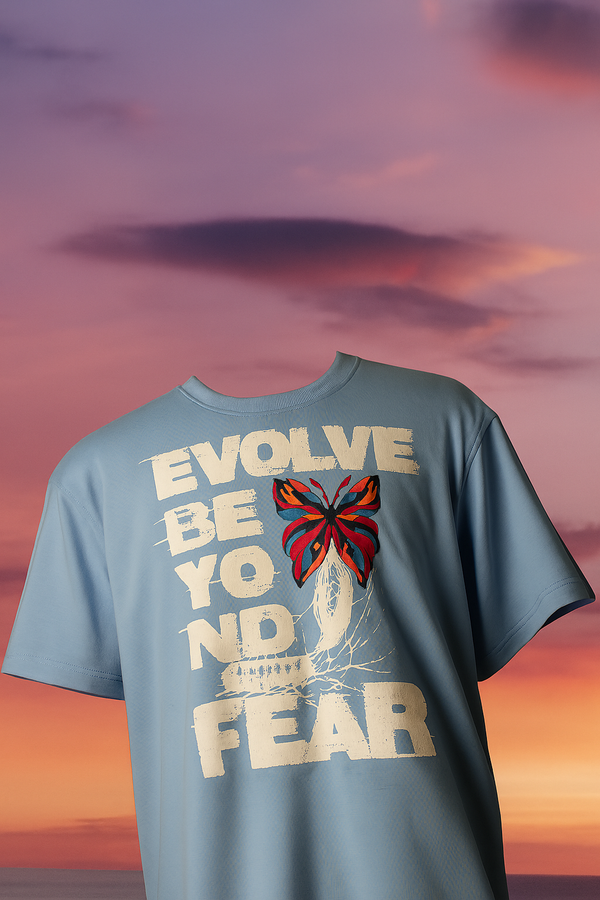 Evolve Beyond Fear Blue Puff Print Oversized T-Shirt
