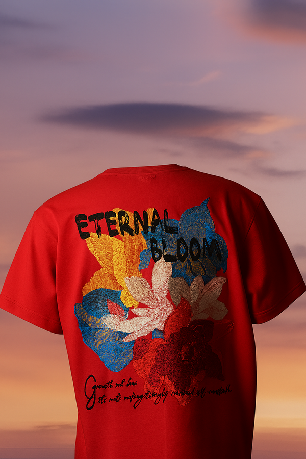 Evolve Eternal Bloom Red Oversized Embroidered T-Shirt