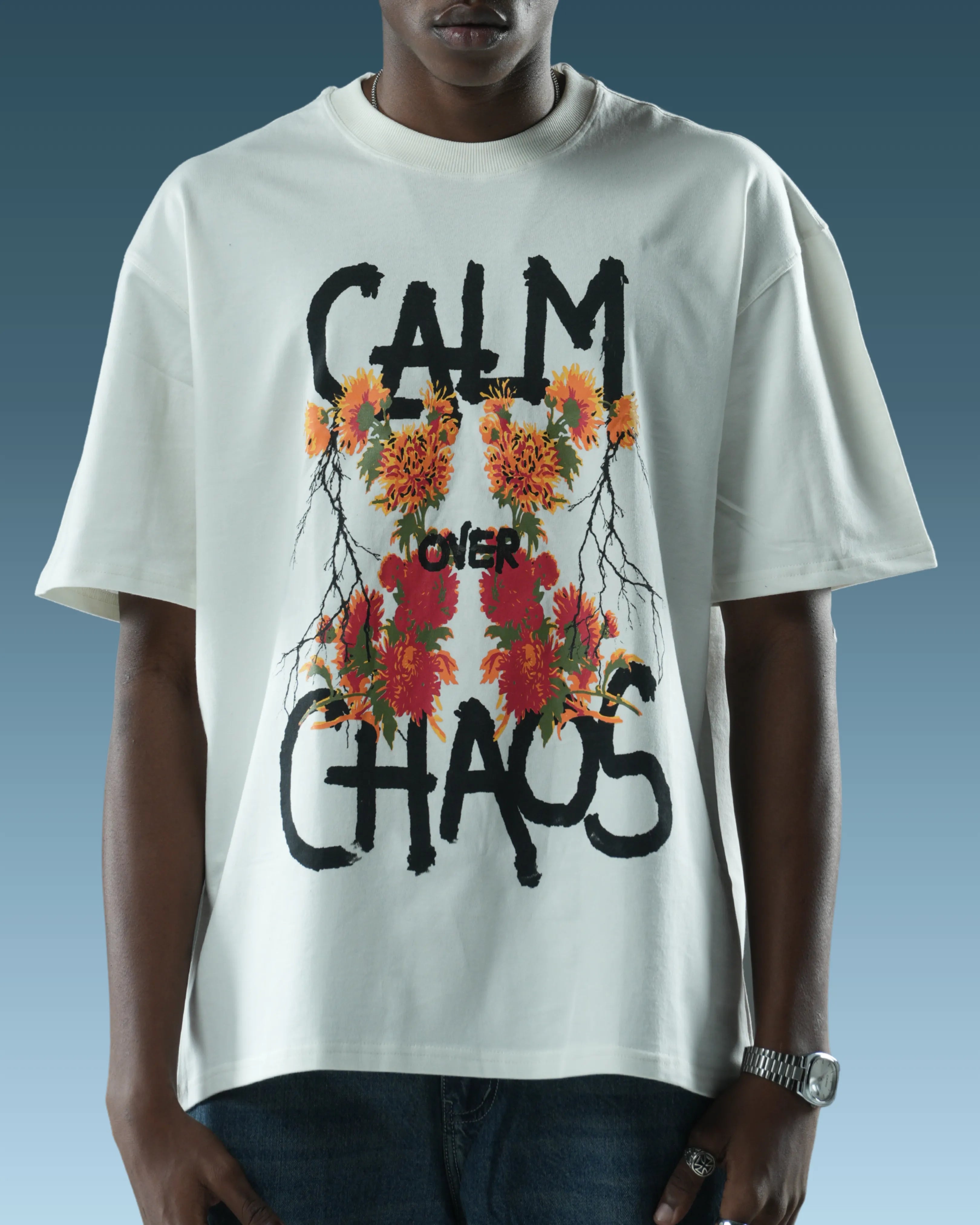 unisex fit calm over chaos white oversized t-shirt